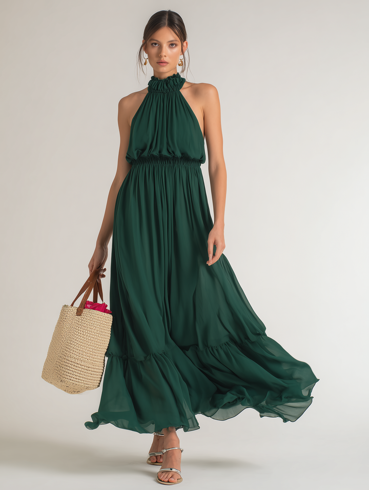 Women's Elegant Dark Green Chiffon Round Neck Sleeveless Long Dress