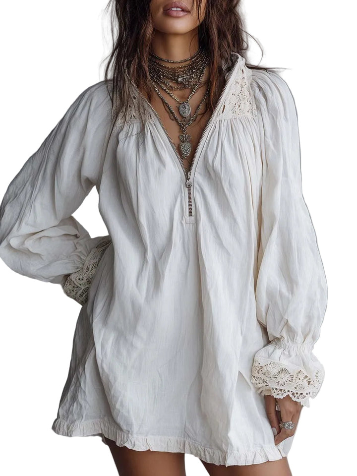 Vintage-style Zip-up Collar Lace-trimmed White Mini Dress