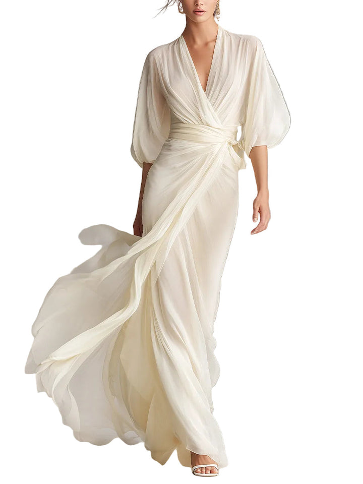 Women's Ivory Sheer Chiffon Dress With Puff Sleeves & Wrap Detail, Timeless Romantic-Luxe Style Dress