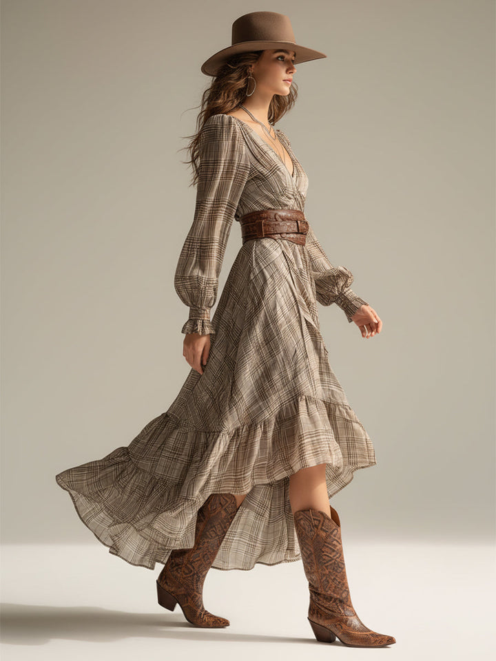 Women's Beige - Plaid Bohemian Chiffon Ruffled Midi Dress (without Belt)