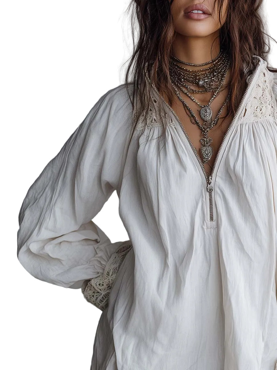 Vintage-style Zip-up Collar Lace-trimmed White Mini Dress