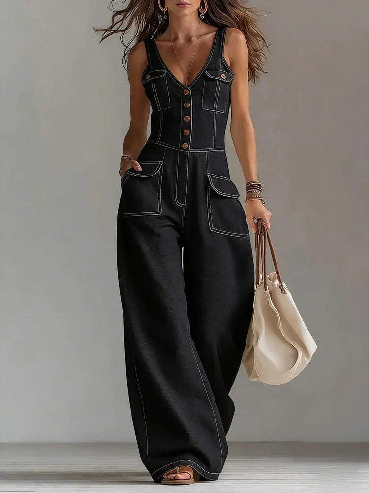 Denim Wide Leg Jumpsuit - Casual One Piece Outfit