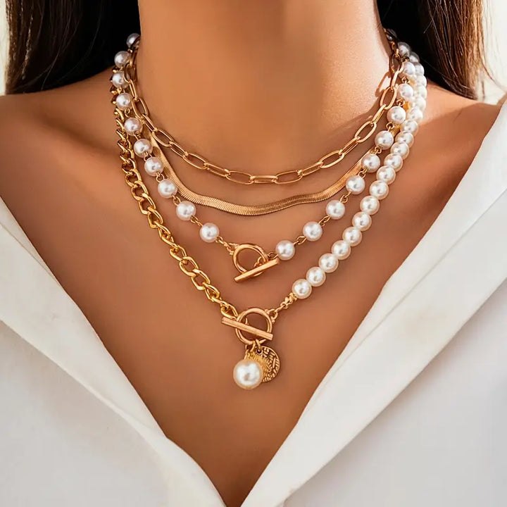 Vintage Faux Pearl & Gold-Tone Snake Chain Necklace Set | Gold-Tone