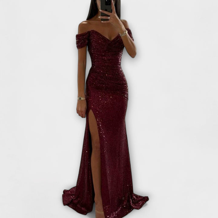 Summer Evening Dress — Strapless Maxi with Glitter and Ruffles for Weddings & Parties