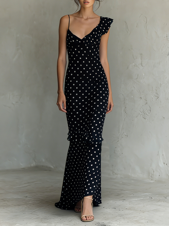 Women's Minimalist Polka Dot Chiffon Sleeveless V-neck Maxi Dress