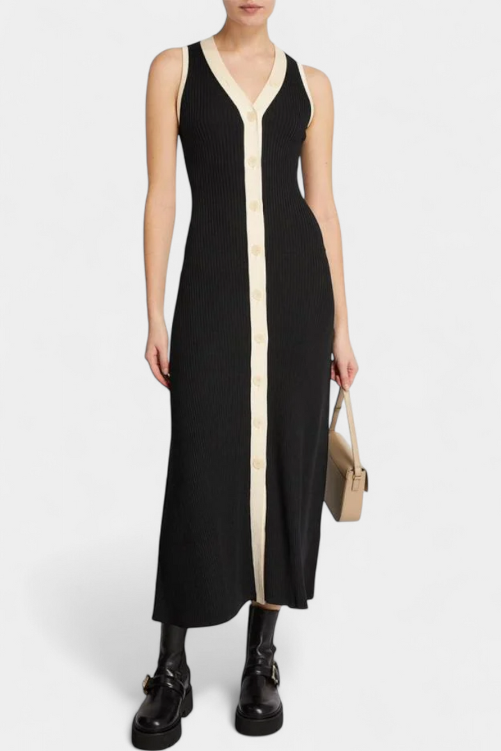 Brielle Sleeveless Knitted Dress with V-Neck and Contrast Buttons