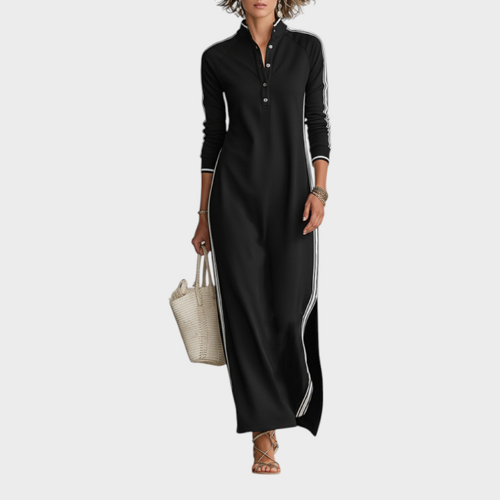 Jenalie | Women's Minimalist White-trimmed Button-down Collar Sweatshirt Dress Maxi Dress MDA0958L0Y