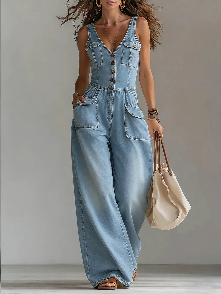 Denim Wide Leg Jumpsuit - Casual One Piece Outfit