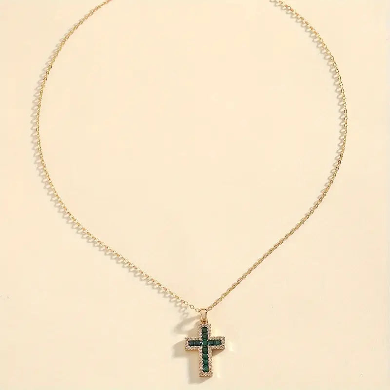 Solene Green Stone Cross Pendant Necklace | Gold-Tone