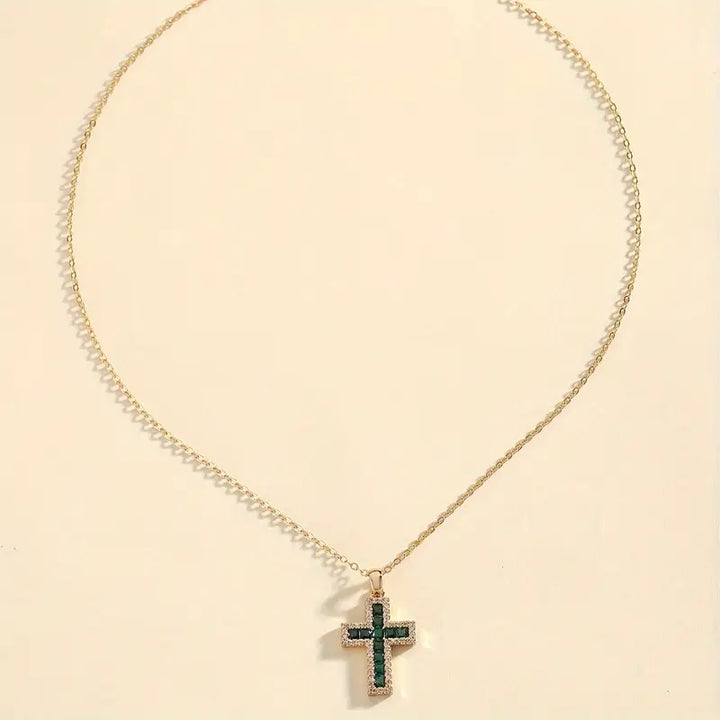Solene Green Stone Cross Pendant Necklace | Gold-Tone