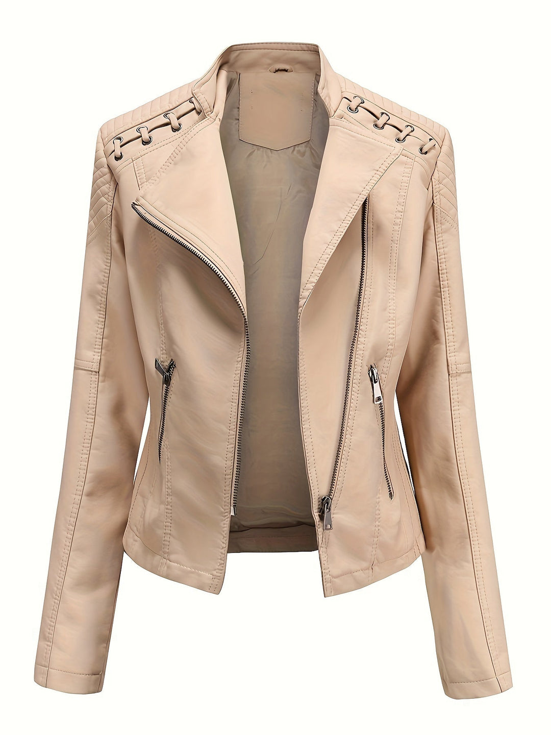 Elegant Faux Leather Moto Jacket for Women with Notch Lapel Zip Front Studded Shoulder