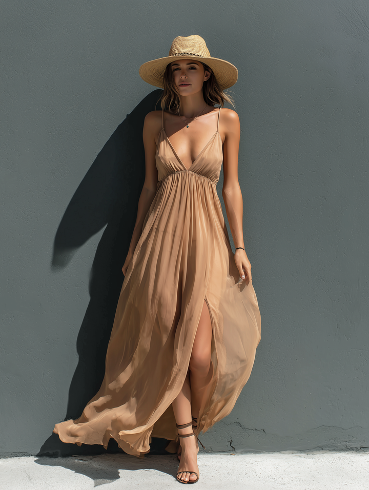 Women's Elegant Resort-style Khaki Chiffon V-neck Sleeveless Suspender Maxi Dress