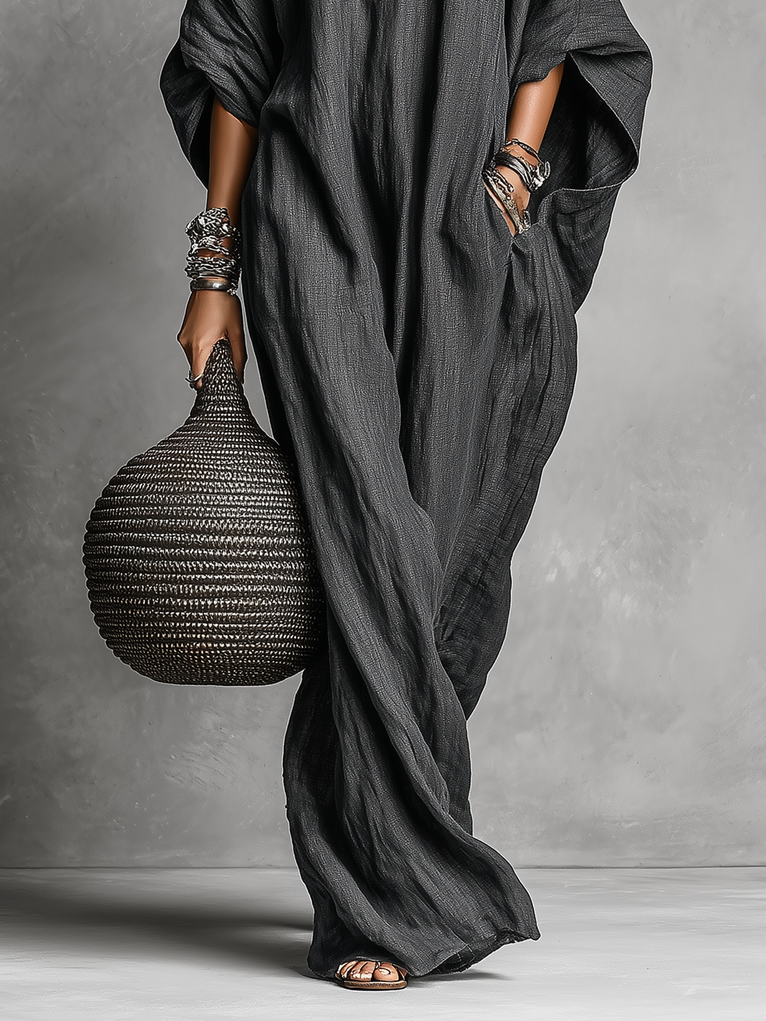 Women's Loose Cotton And Linen Batwing Sleeve Maxi Dress