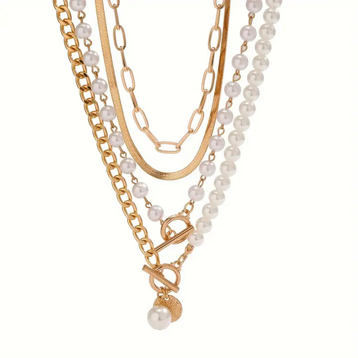 Vintage Faux Pearl & Gold-Tone Snake Chain Necklace Set | Gold-Tone