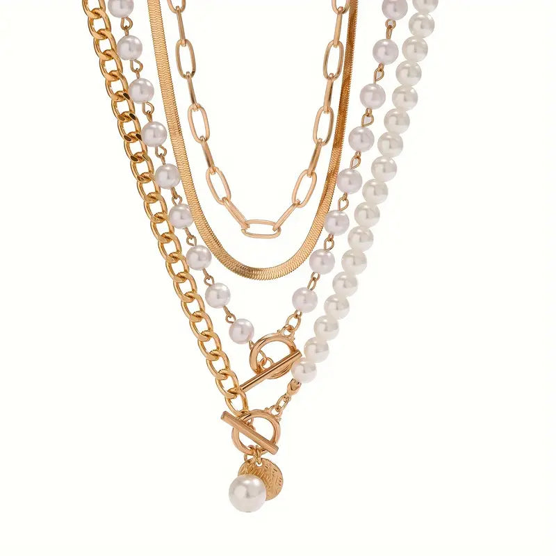 Vintage Faux Pearl & Gold-Tone Snake Chain Necklace Set | Gold-Tone