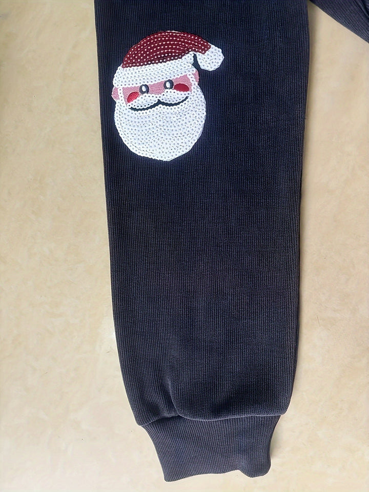 Cozy Dark Gray Santa Print Christmas Tacky Sweater for Women with Crew Neck Long Sleeve Oversized Ribbed Knit Style