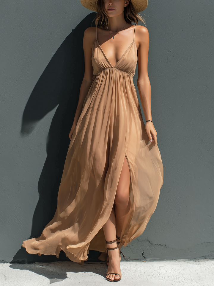Women's Elegant Resort-style Khaki Chiffon V-neck Sleeveless Suspender Maxi Dress