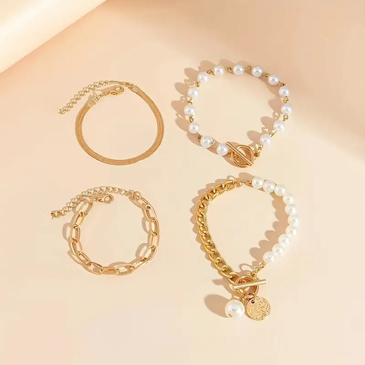 Chic Gold-Tone 4-Piece Bracelet Set – Snake, Faux Pearls & Links | Gold-Tone