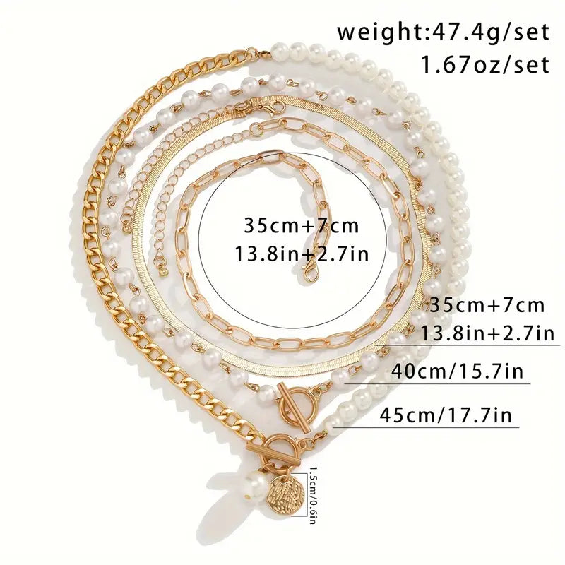 Vintage Faux Pearl & Gold-Tone Snake Chain Necklace Set | Gold-Tone