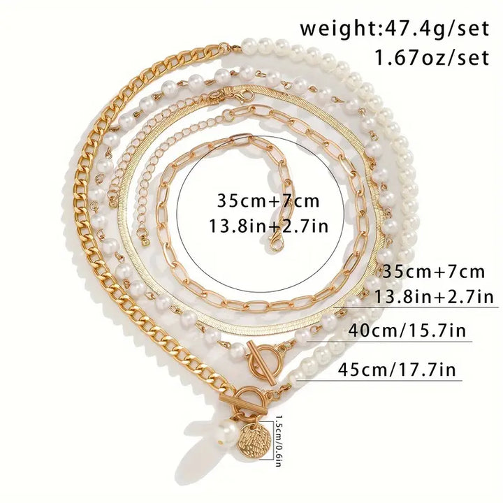 Vintage Faux Pearl & Gold-Tone Snake Chain Necklace Set | Gold-Tone
