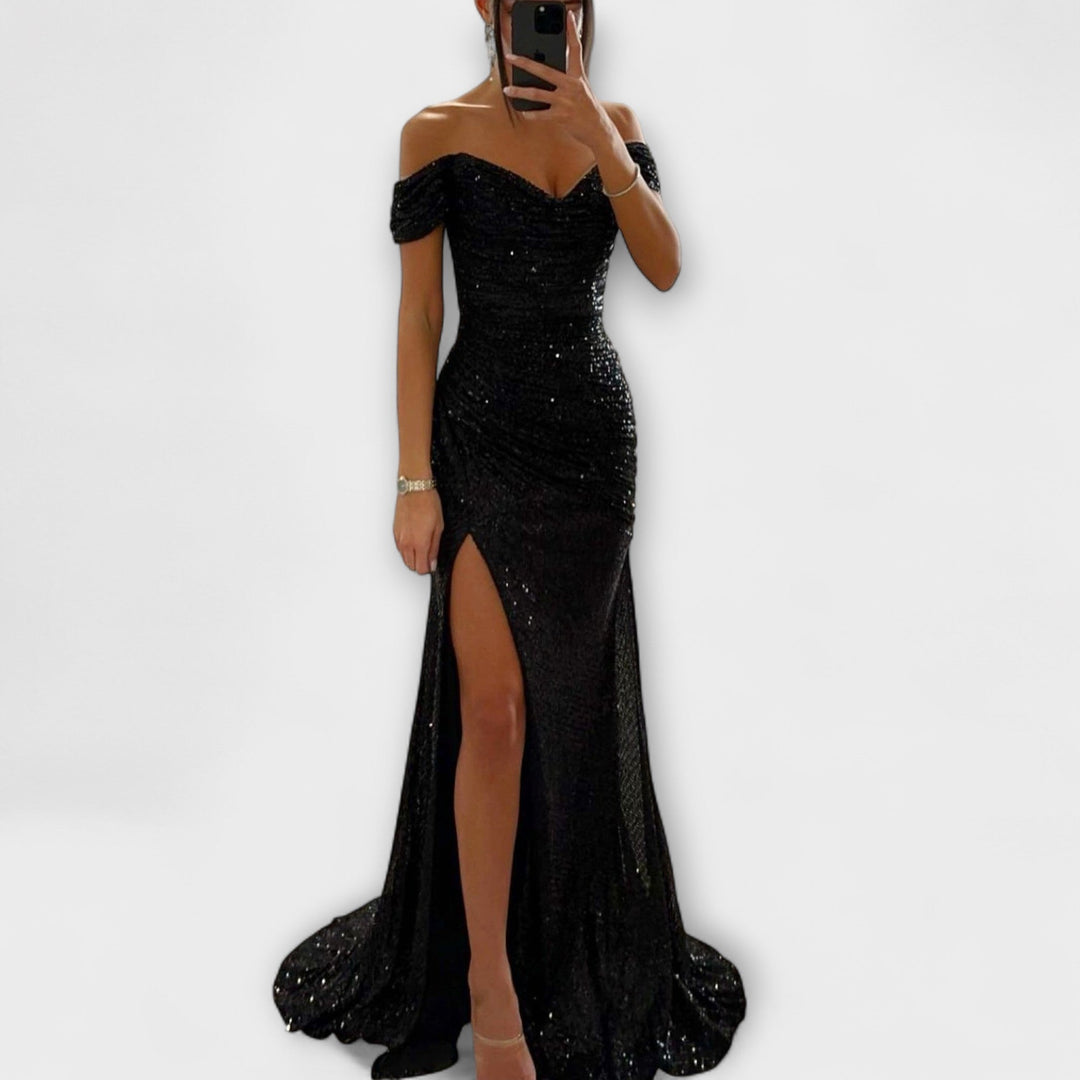Summer Evening Dress — Strapless Maxi with Glitter and Ruffles for Weddings & Parties