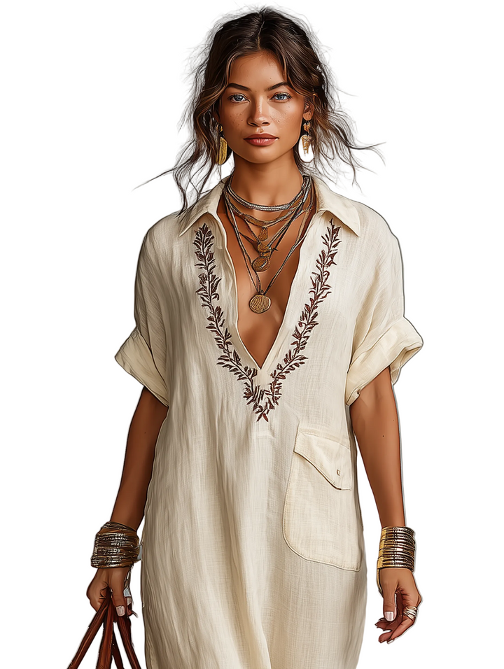 Women's Minimalist Linen Blend Embroidered Short-sleeved Shirt Maxi Dress
