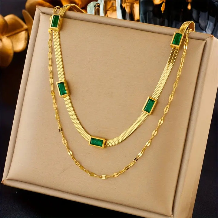 Sorella Gem Double-Layer Retro Necklace | Gold-Tone