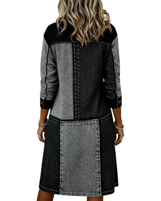 Dress Button Flip V-neck Color Block Modern