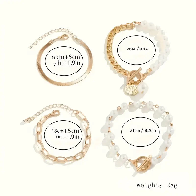 Chic Gold-Tone 4-Piece Bracelet Set – Snake, Faux Pearls & Links | Gold-Tone