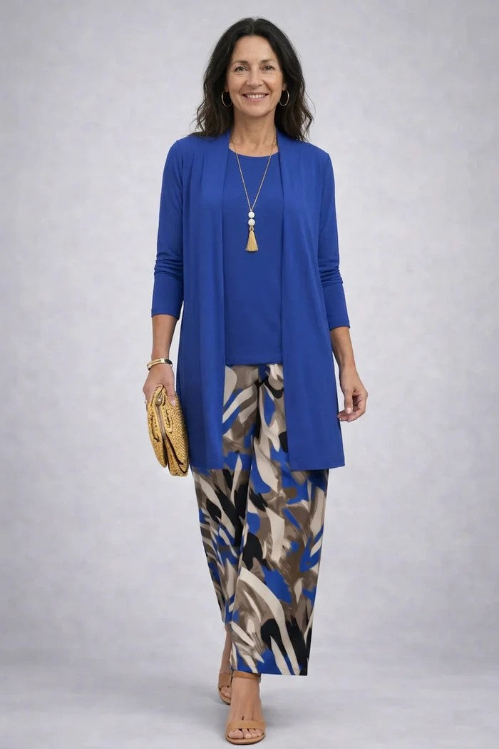 Margaret | Three-Piece Co-ord Set with Longline Cardigan and Printed Trousers