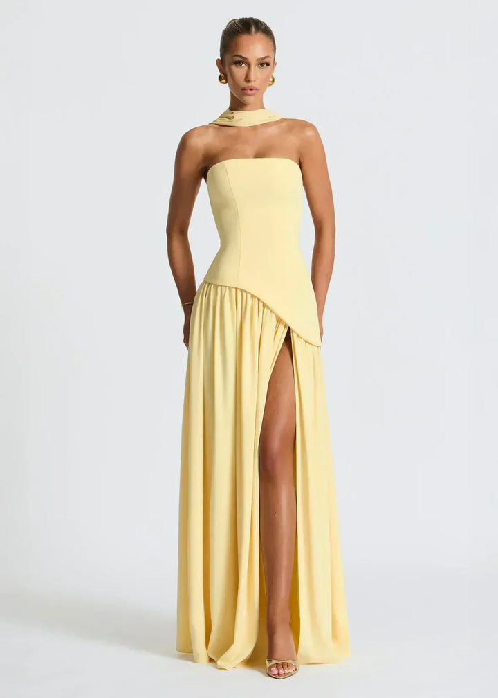 Elena – Maxi Dress with Off Shoulders, Slit & Choker Detail