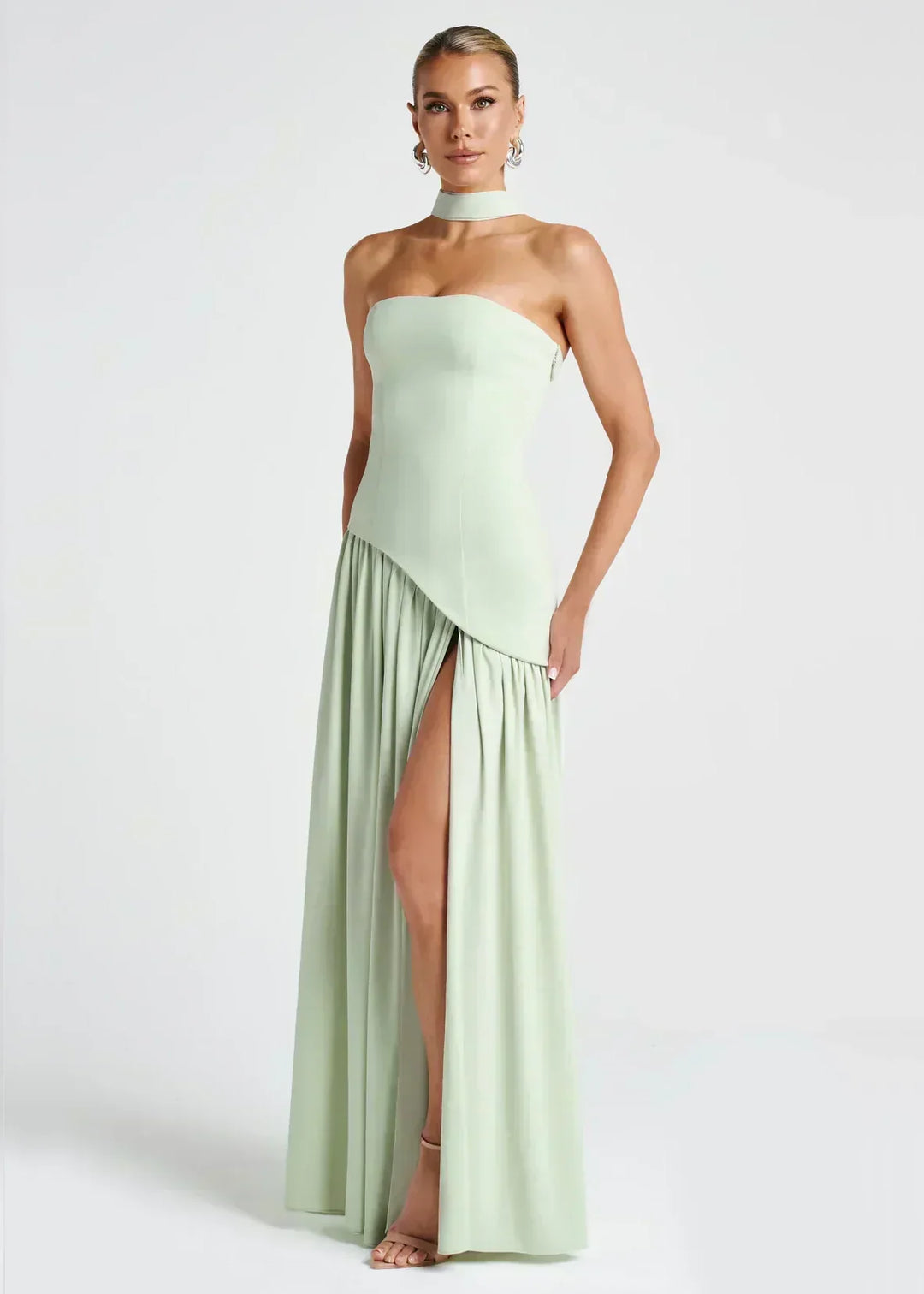 Elena – Maxi Dress with Off Shoulders, Slit & Choker Detail