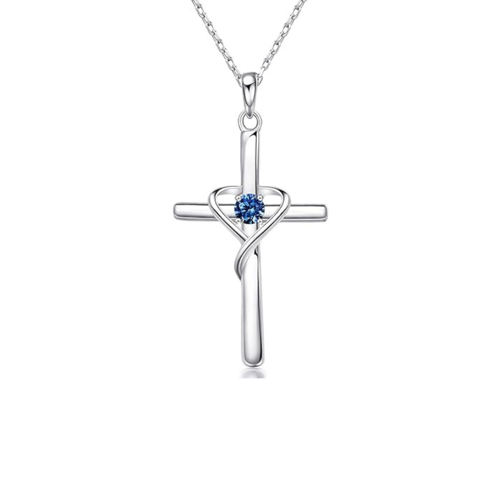 Blue Stone Cross Necklace | Silver-Tone