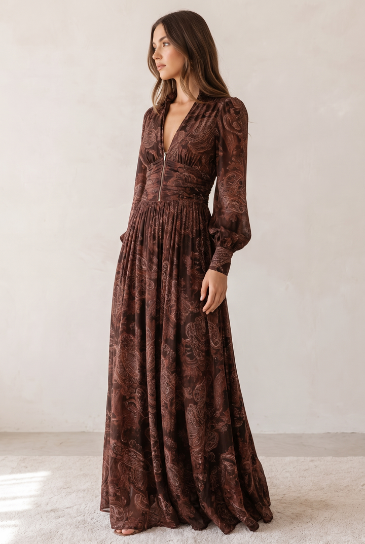 Cloe | Brown Maxi Dress with Defined Waist