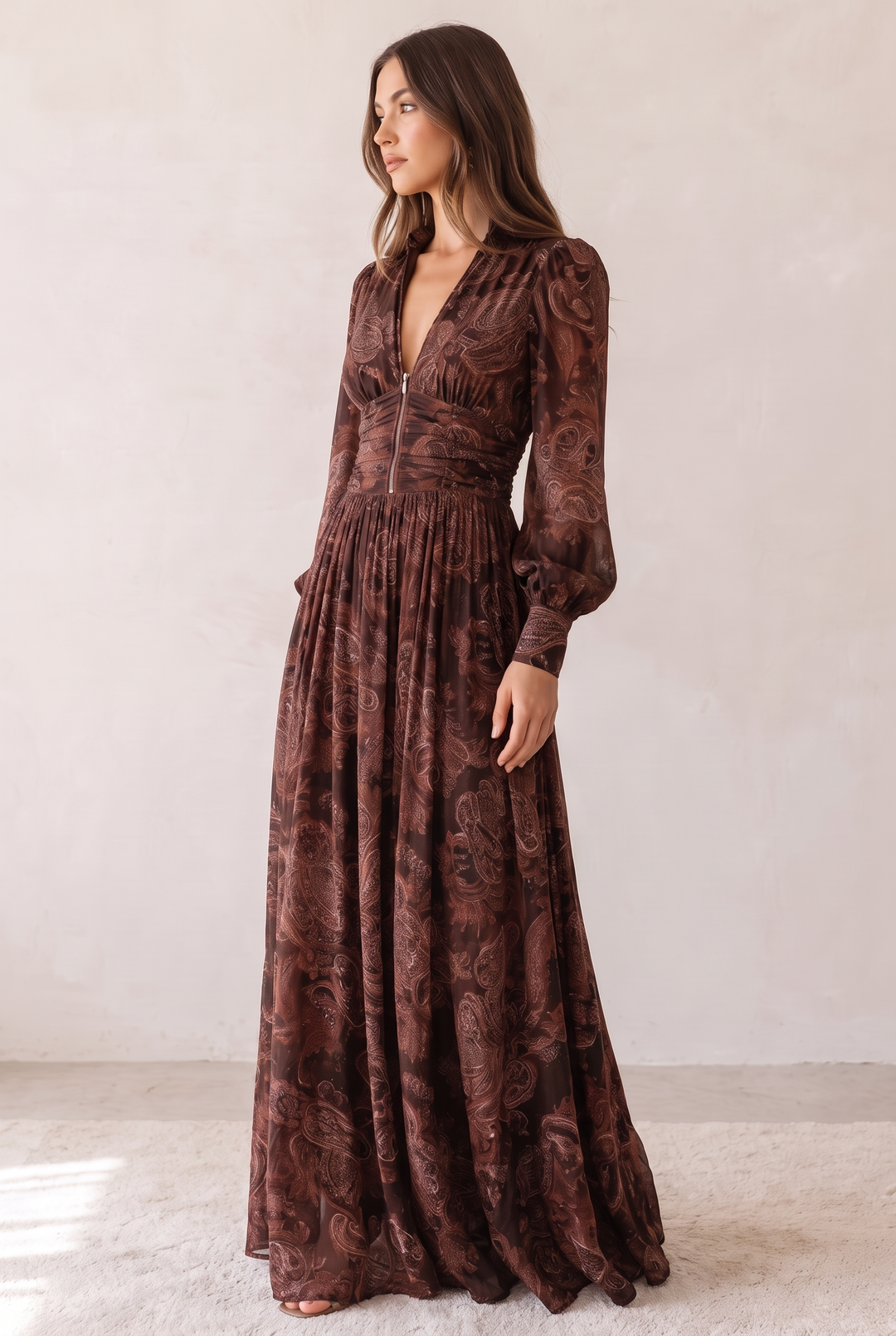 Cloe | Brown Maxi Dress with Defined Waist