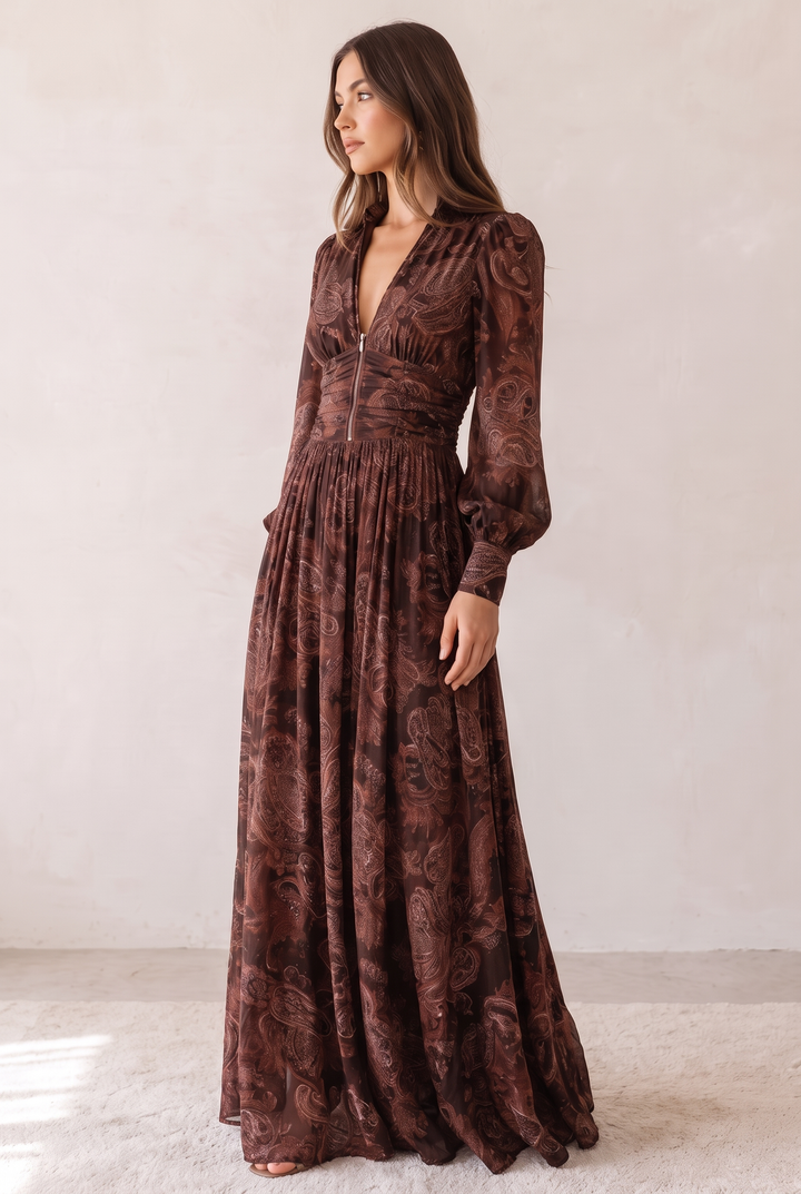 Cloe | Brown Maxi Dress with Defined Waist