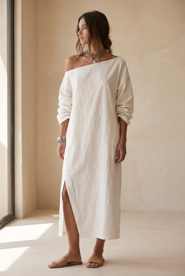Medusa | White Cotton Linen One-Shoulder Midi Dress with Split Hem