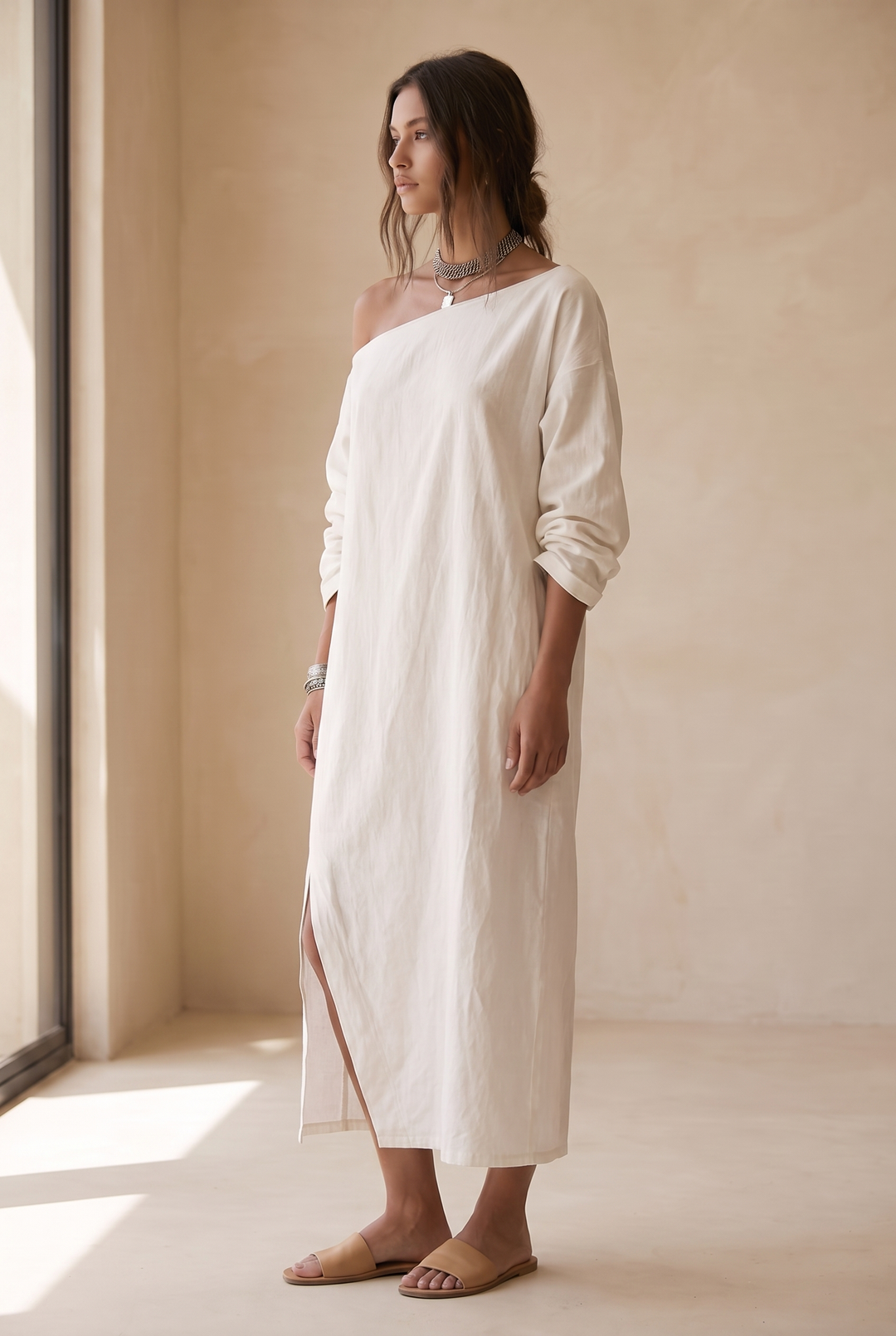Medusa | White Cotton Linen One-Shoulder Midi Dress with Split Hem