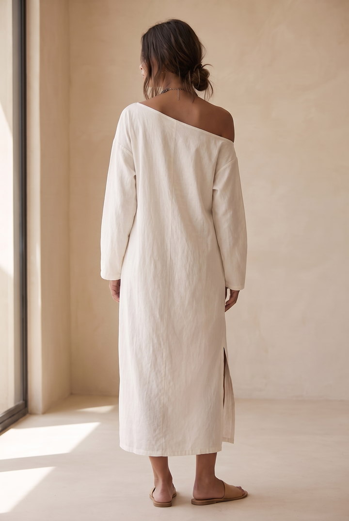 Medusa | White Cotton Linen One-Shoulder Midi Dress with Split Hem