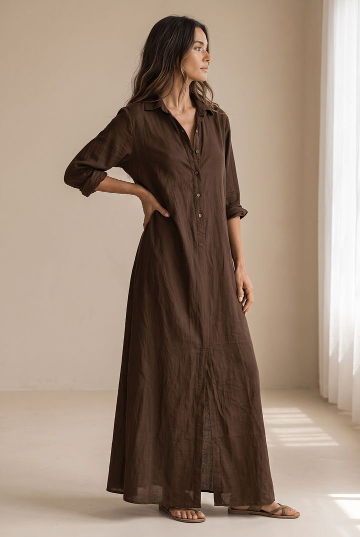 Odette | Long Sleeve Button-Down Maxi Shirt Dress