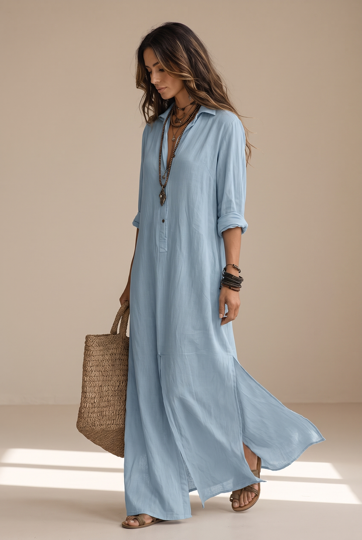 Odette | Long Sleeve Button-Down Maxi Shirt Dress