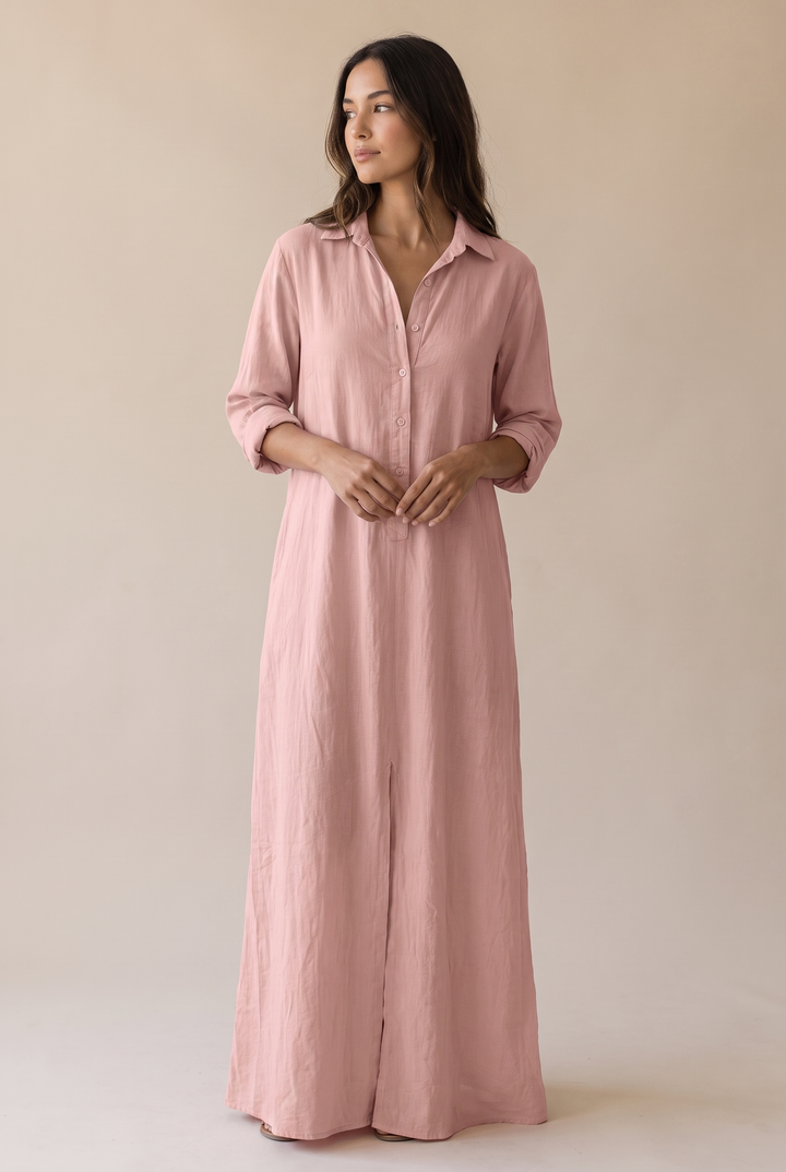 Odette | Long Sleeve Button-Down Maxi Shirt Dress
