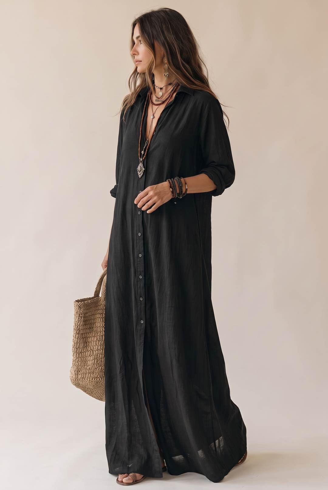Odette | Long Sleeve Button-Down Maxi Shirt Dress