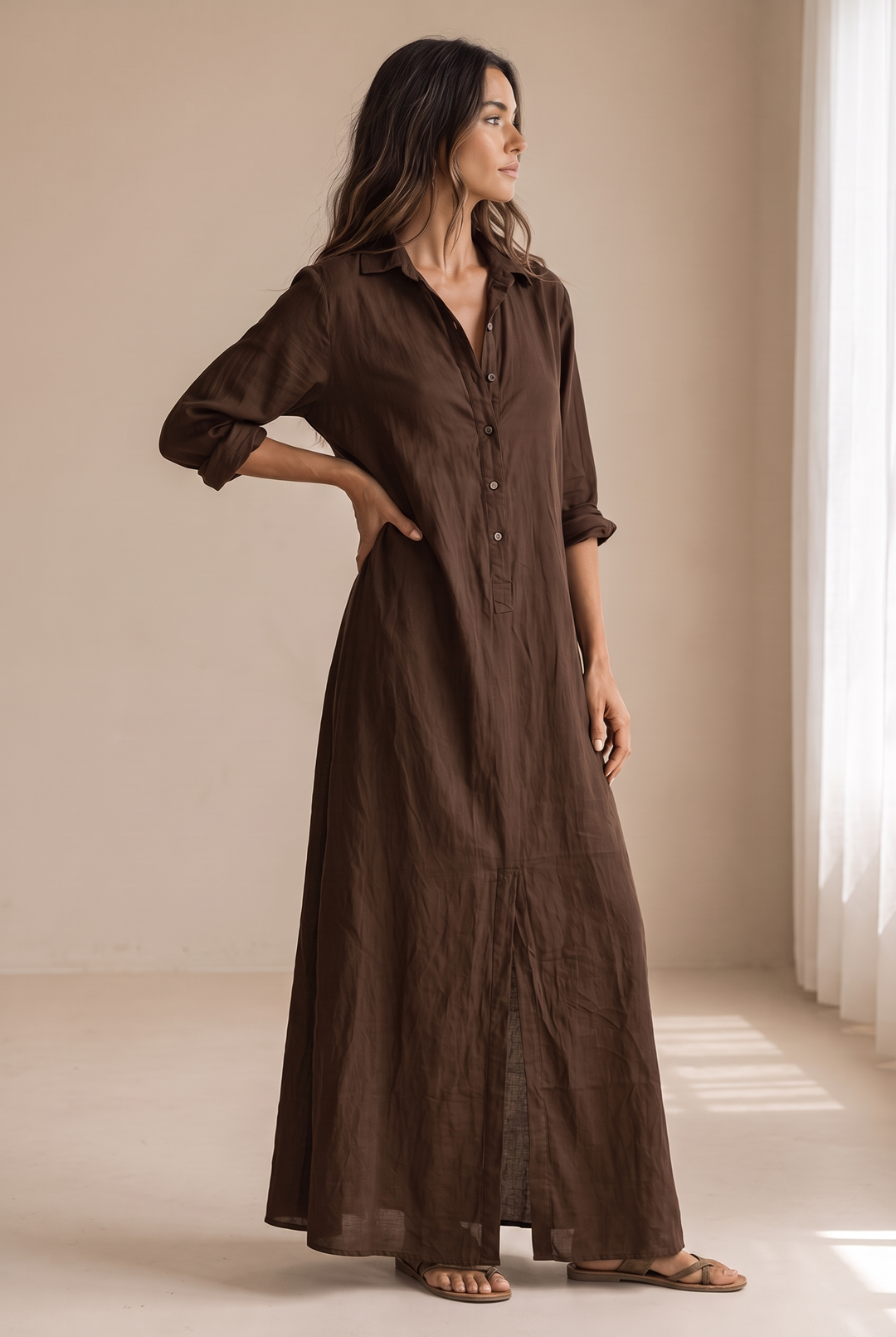 Odette | Long Sleeve Button-Down Maxi Shirt Dress