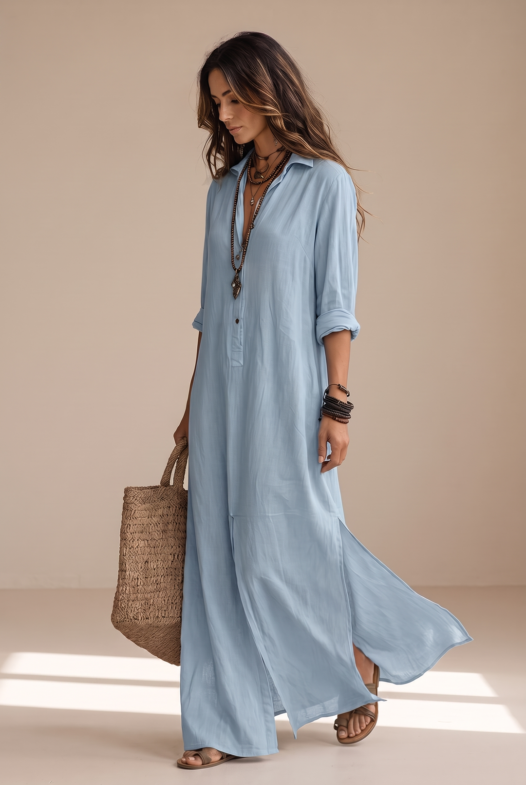 Odette | Long Sleeve Button-Down Maxi Shirt Dress