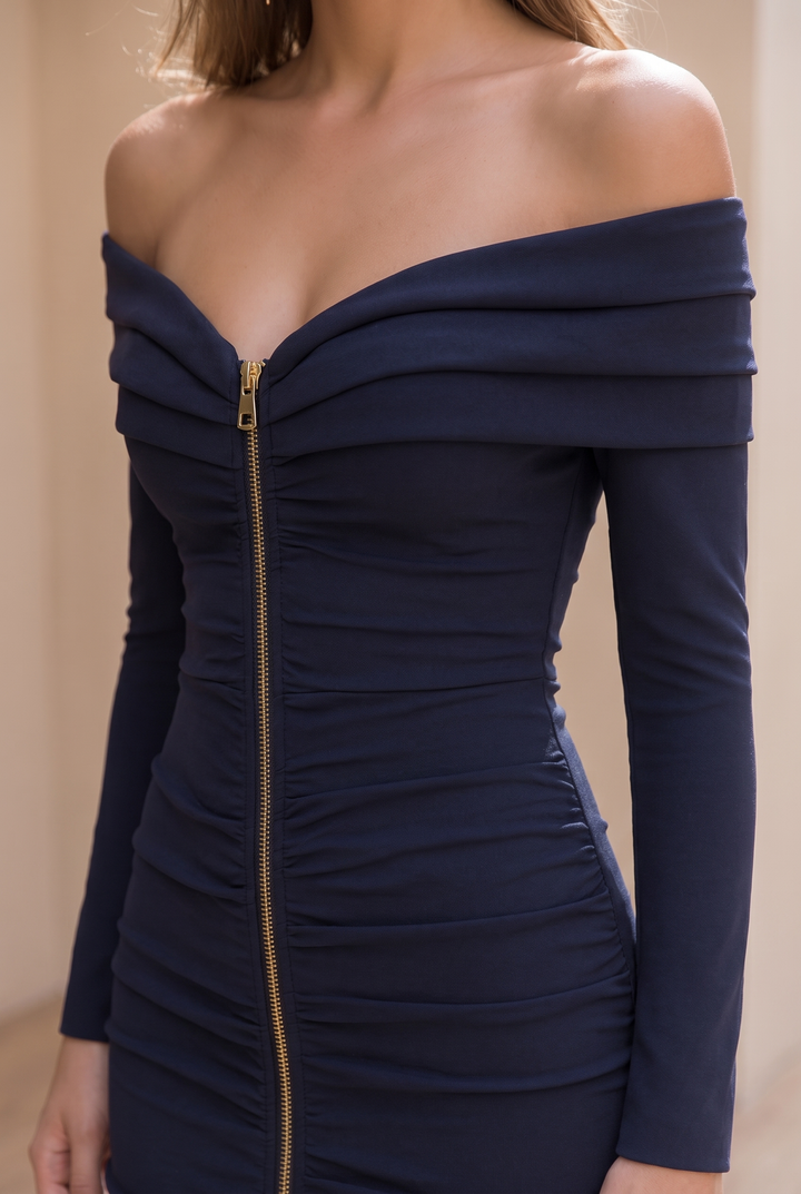 Cassie | Navy Off-Shoulder Ruched Dress with Front Zip