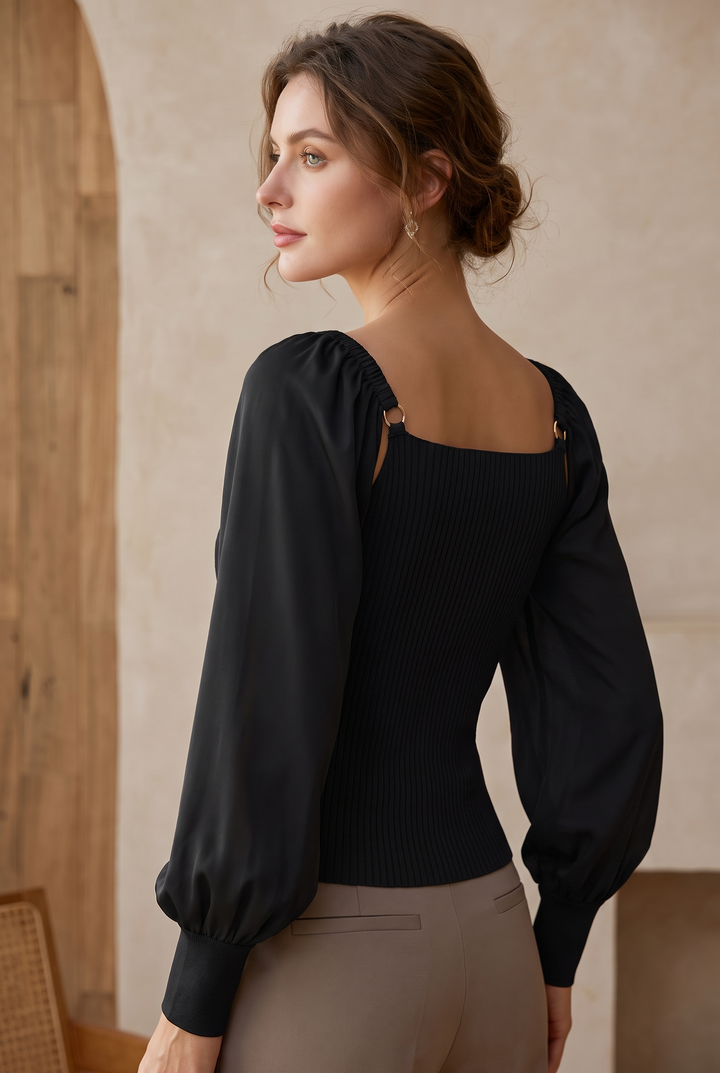 Farrah | Loose Knit Top with Satin Balloon Sleeves in Black