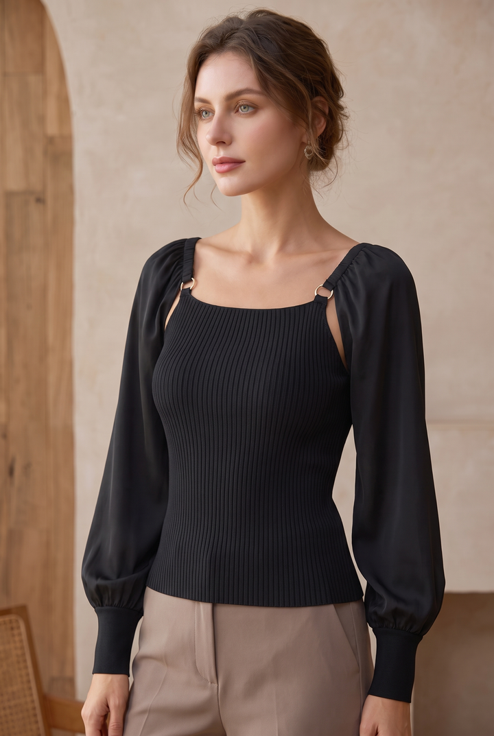 Farrah | Loose Knit Top with Satin Balloon Sleeves in Black