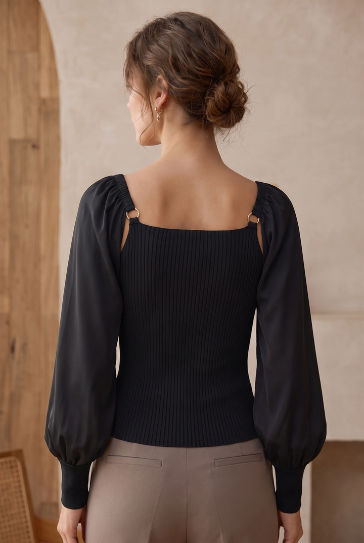 Farrah | Loose Knit Top with Satin Balloon Sleeves in Black
