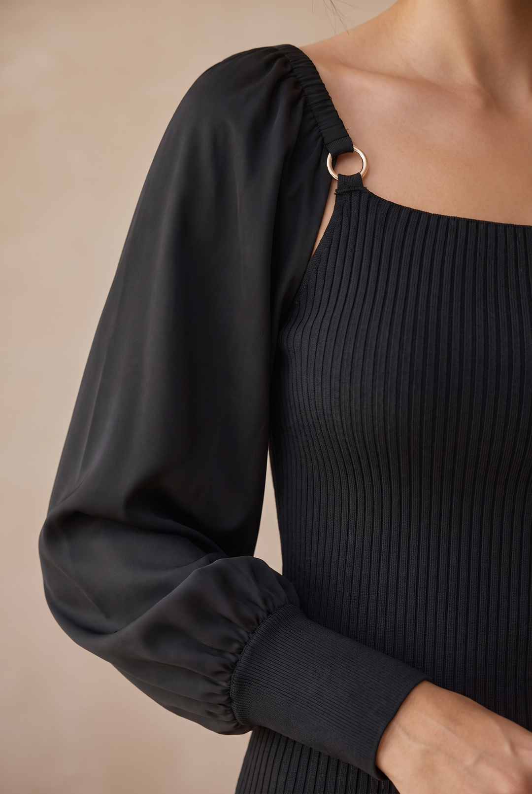 Farrah | Loose Knit Top with Satin Balloon Sleeves in Black